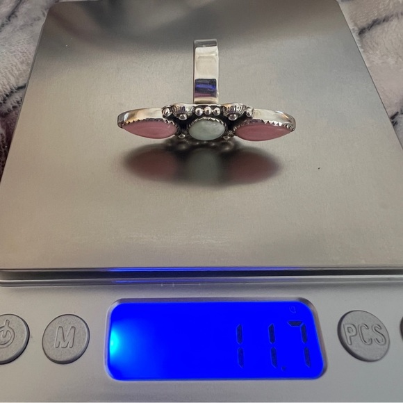 ❤️ Queen Pink Conch & Paloma Turquoise Navajo 8.25 Adjustable Ring 11.7gm - Picture 11 of 12